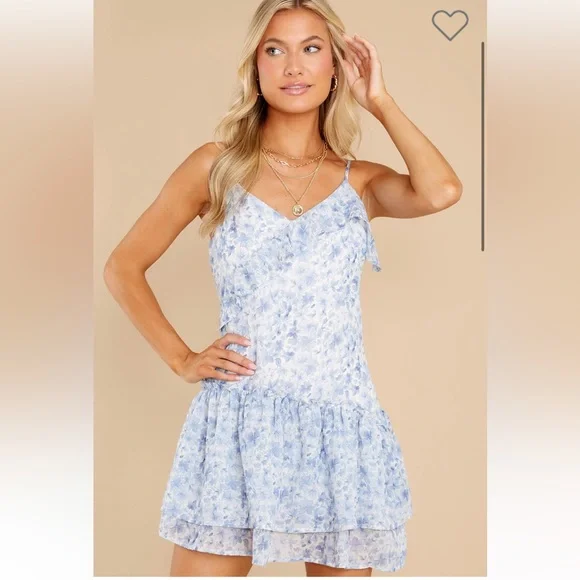 Red dress brand Storia Blue and white floral print mini dress size medium - Picture 2 of 6